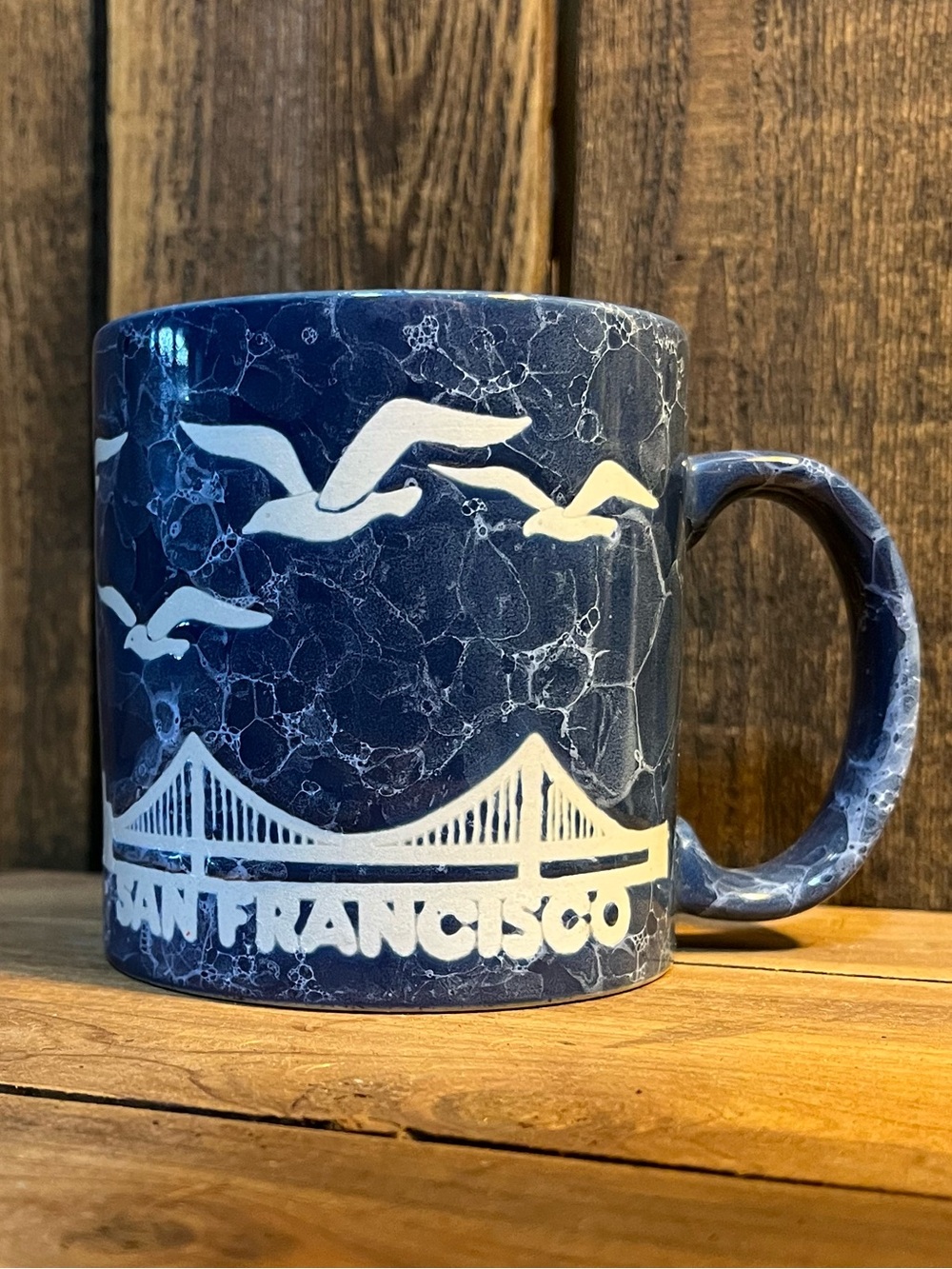 1982 San Francisco Souvenir Marbled Mug Golden Gate Bridge & Seagulls